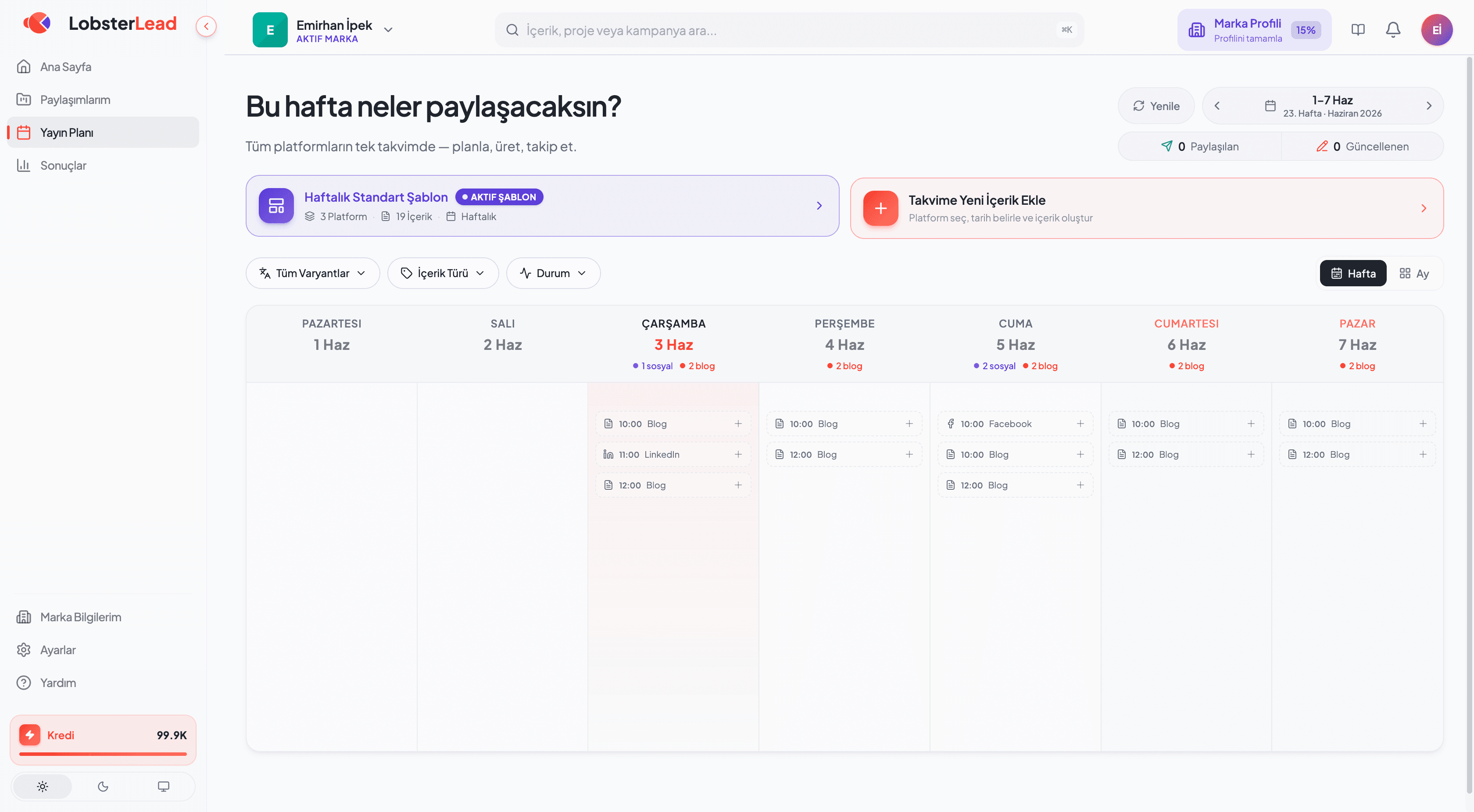 LobsterLead yayın planı ve otomatik takvim ekranı